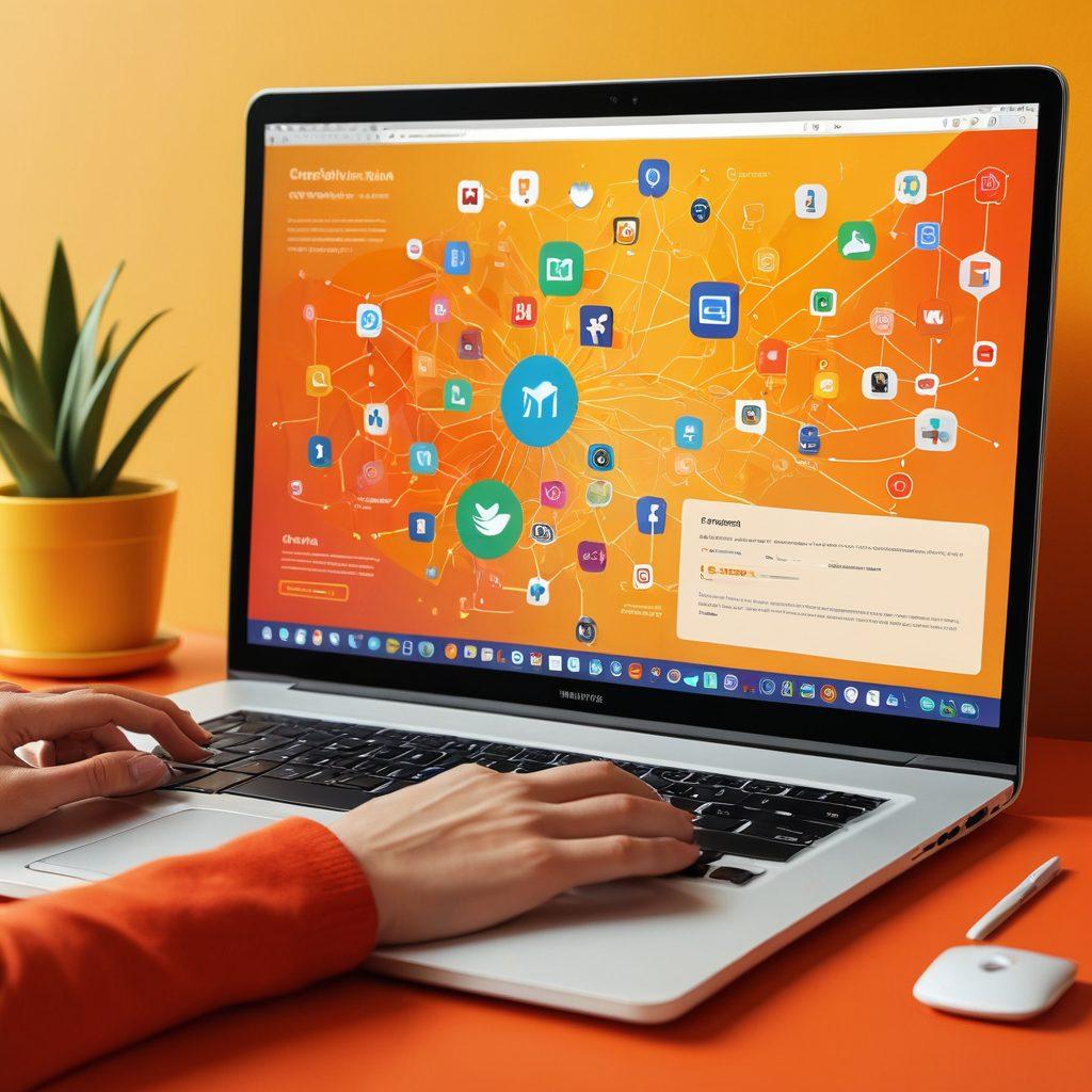 A digital workspace scene featuring a laptop open to a blog with vibrant thumbnail links, each showcasing different topics. In the foreground, a hand clicks on one of the thumbnails, symbolizing engagement and connection. Surround the laptop with networking elements like social media icons, connection lines, and eye-catching graphics. The background should have a warm, inviting color palette to inspire creativity and energy. super-realistic. vibrant colors. 3D.