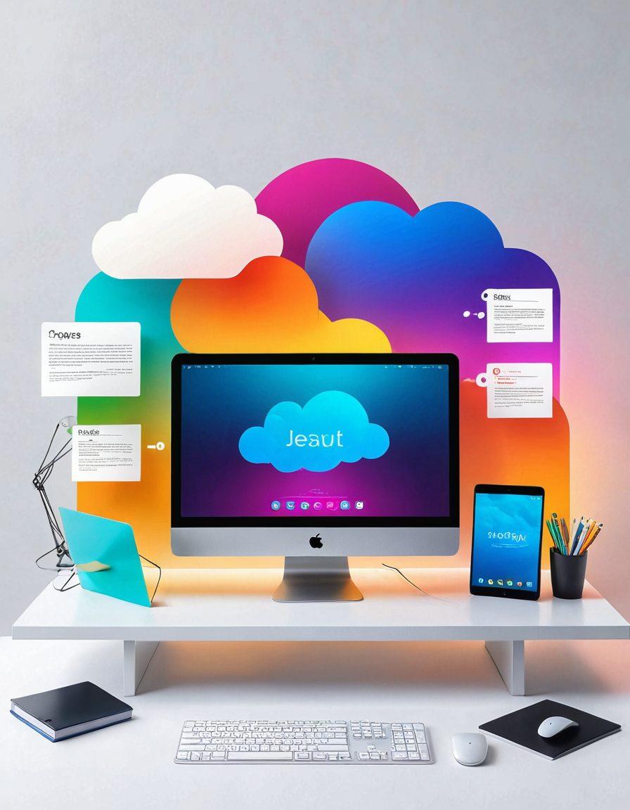 A sleek digital workspace featuring a well-organized desktop with colorful folders labeled with various resource links, a glowing cloud symbol representing digital connections, and a streamlined interface showcasing efficiency. Soft gradient background to convey a modern, tech-savvy feel. super-realistic. vibrant colors. white background.