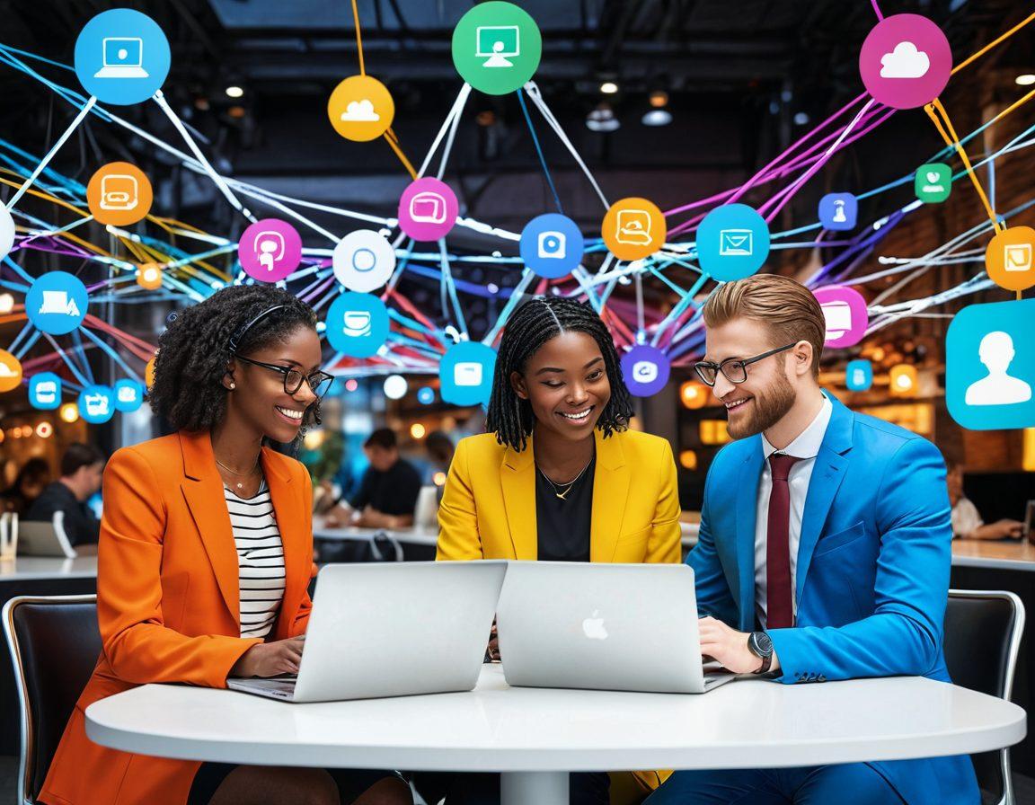 A dynamic scene illustrating two diverse individuals engaging in a lively discussion over computers, surrounded by digital link chains symbolizing connections and networking. Include vibrant infographics displaying link exchange strategies and social media icons around them. The background should be a blend of a virtual landscape and a bustling café atmosphere to represent online networking. super-realistic. vibrant colors. 3D.
